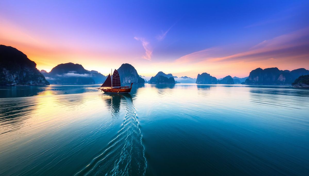 A junk boat sailing through Ha Long Bay at sunset
